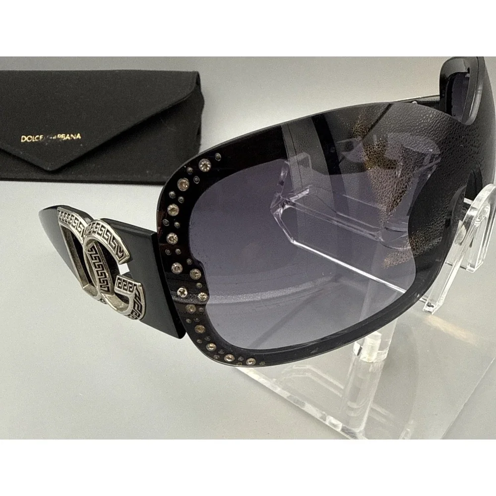 Vintage Y2K Black GlamourOversized Logo Sunglasses Rhinestone Purple Lens & Case